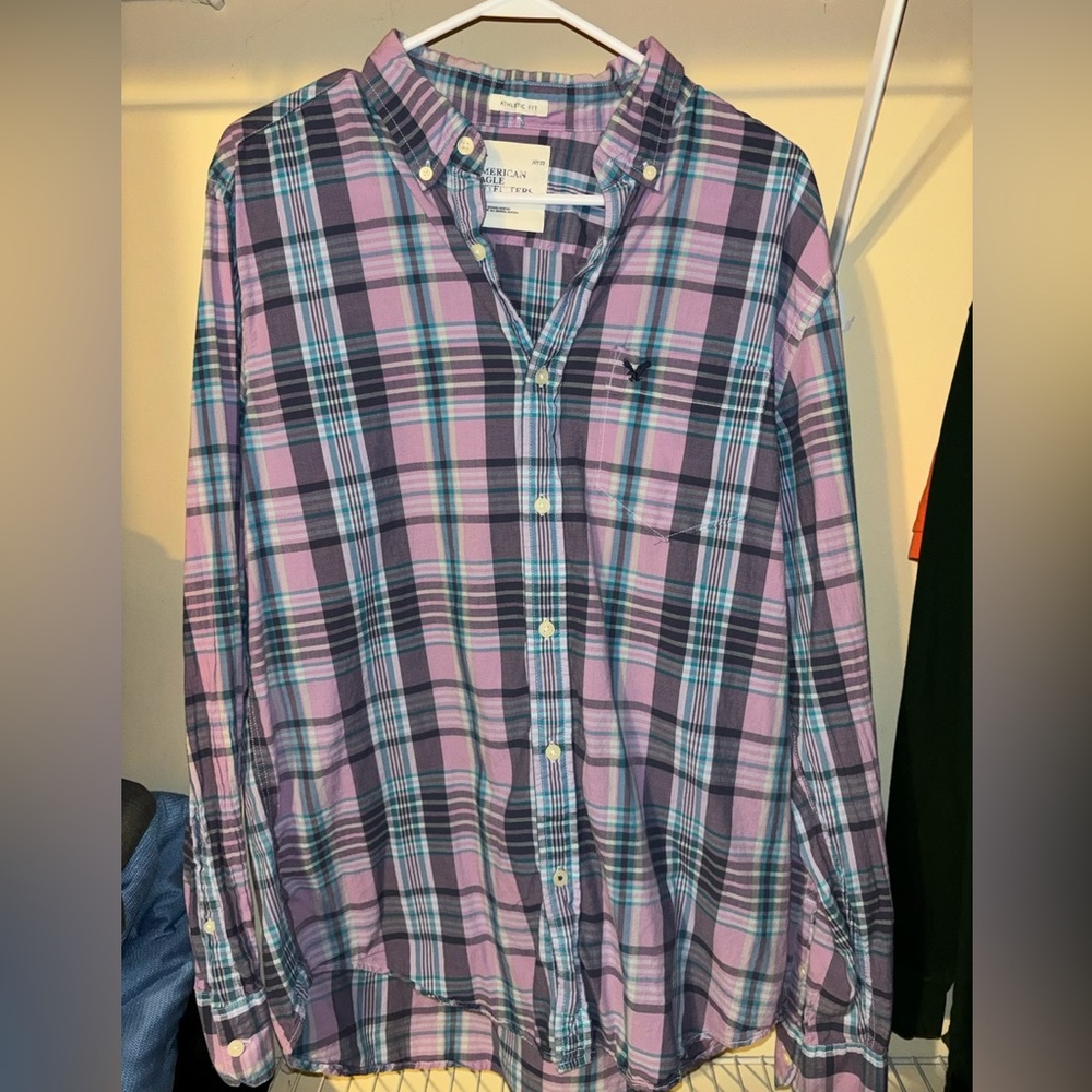 American Eagle Pink and Blue Plaid Button-down Long Sleeve Shirt
